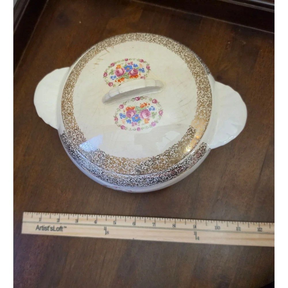Vintage Paden City Pottery Bak-Serv Lidded Tureen Casserole Dish 22K Gold 1930s